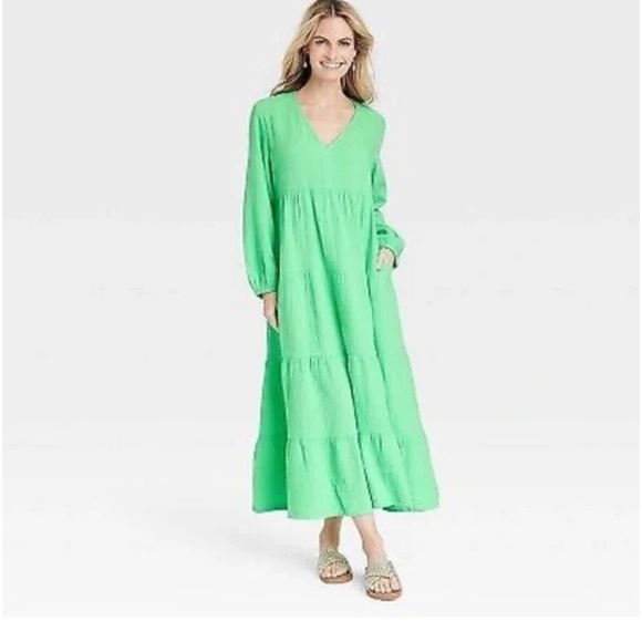 NWOT universal thread maxi bell sleeve tiered dress green SZ XS pockets - Picture 2 of 3